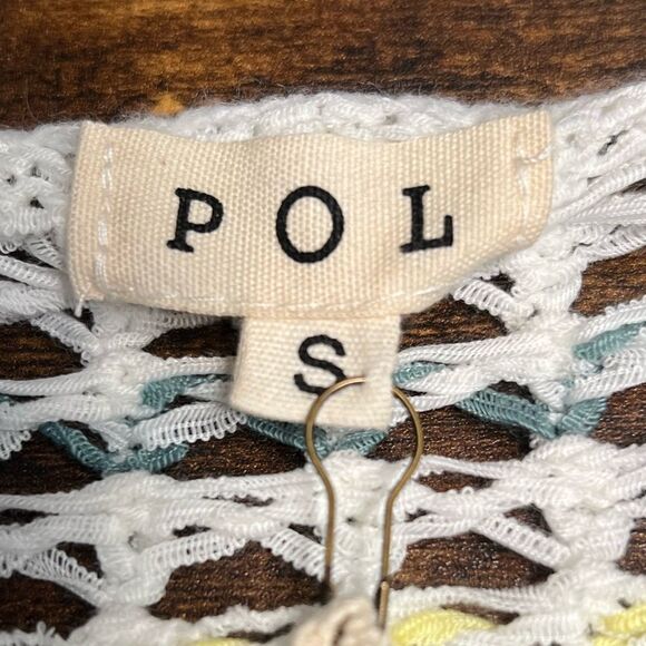 POL Crochet Mesh Knit Boat Neck Top, Fringe, Cream/Yellow/Blue. Small. NWT! - Picture 5 of 11